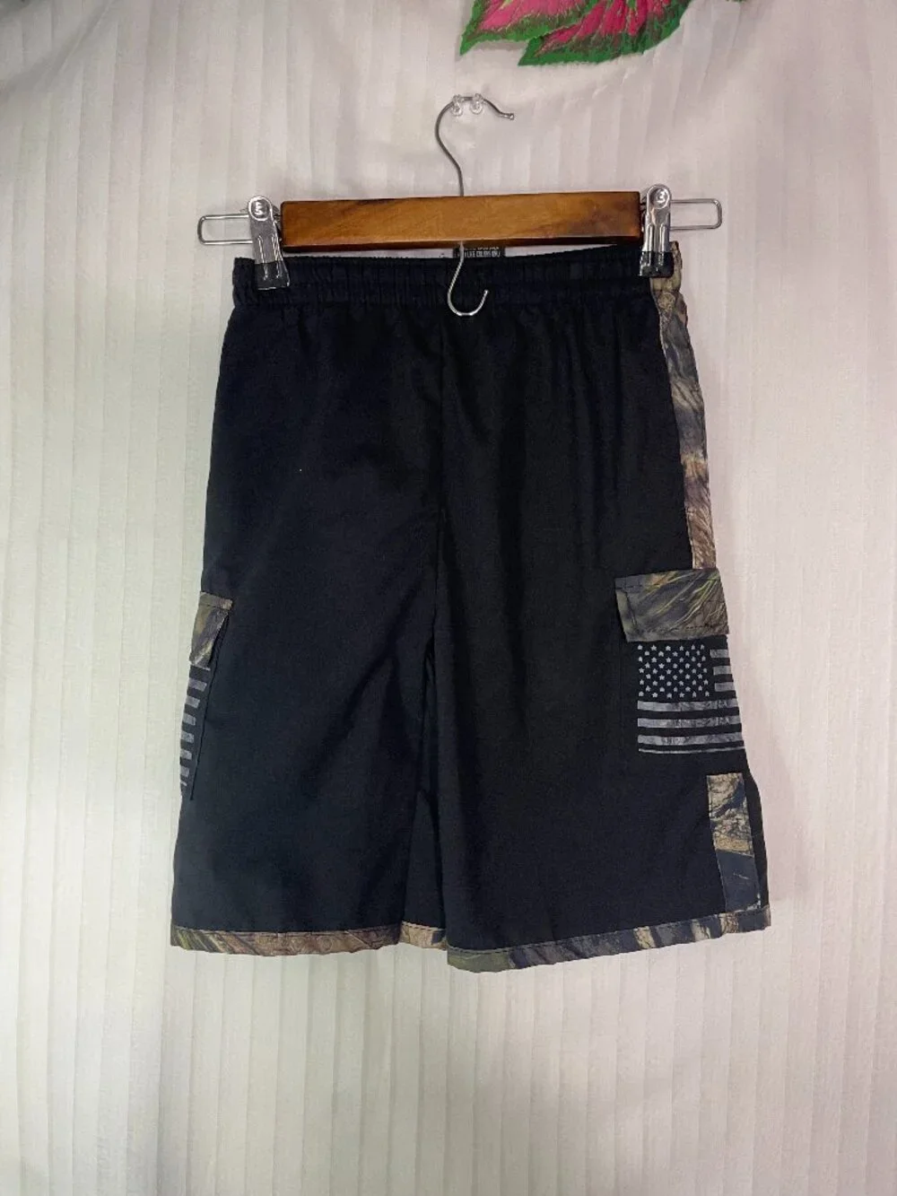 Mossy Oak Boys Size 7 Swim Trunks Black Camo American Flag Board Shorts
